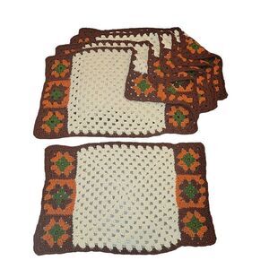 6 Vintage Granny Square Knitted Crochet Place Mats 1970s